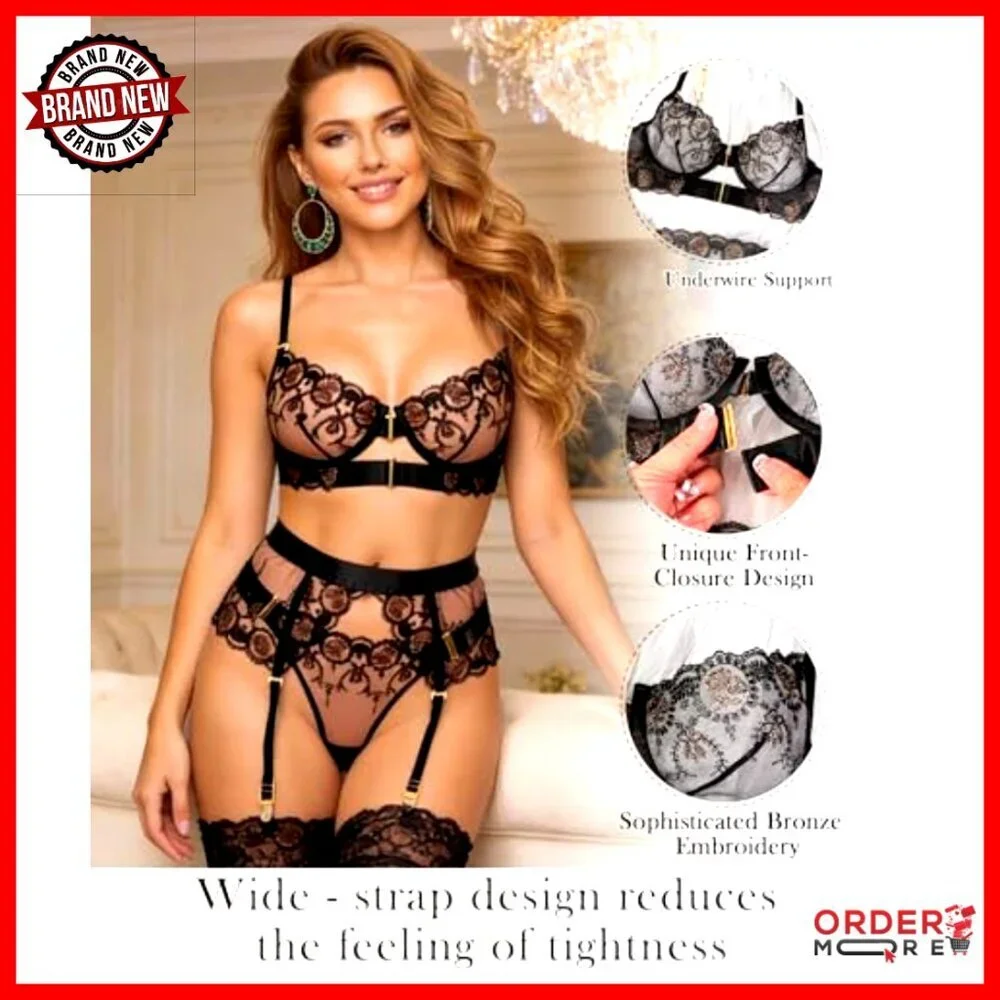 Sheer Embroidered Lace Lingerie Set with Underwire Bra Garter Belt